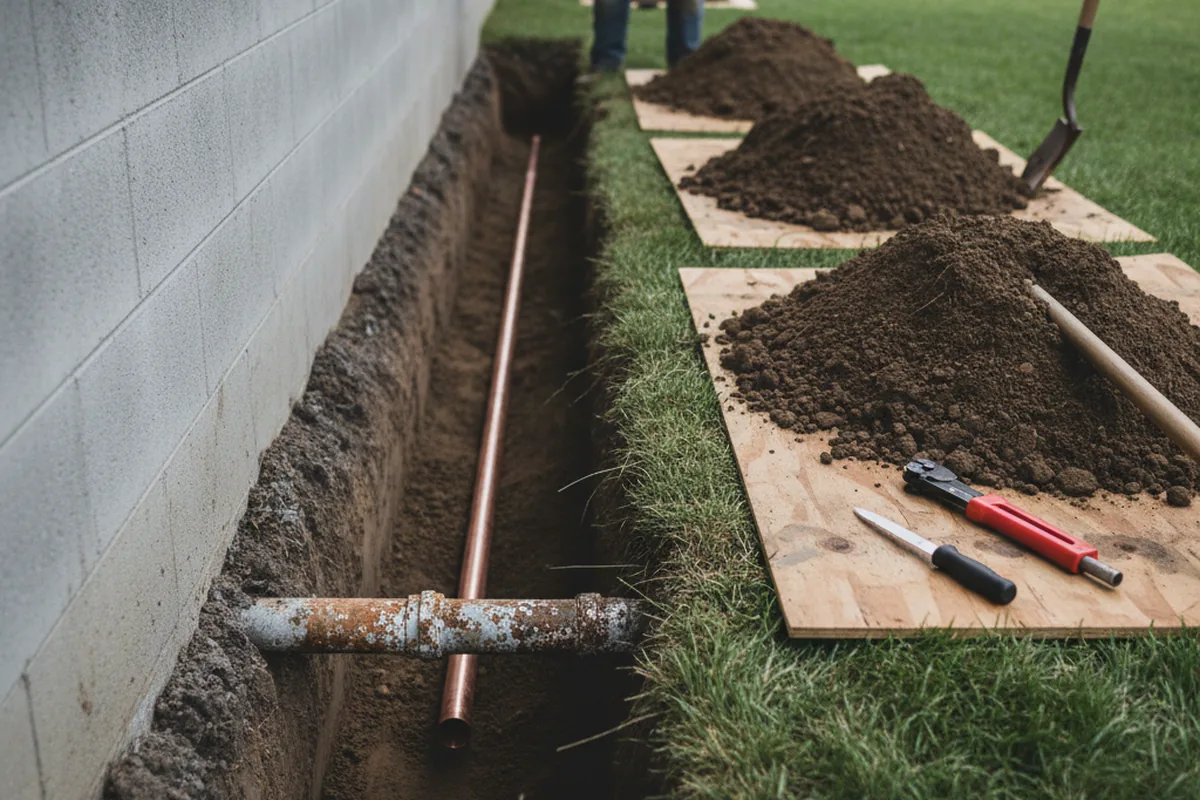 Excavated water line trench during Water Softener Installation in Lamoille